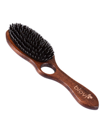 Blovi Brown Wood Brush 24cm - duża, drewniana szczotka z włosiem naturalnym, rozczesywaczem i otworem na palec, dla ras długowłosych