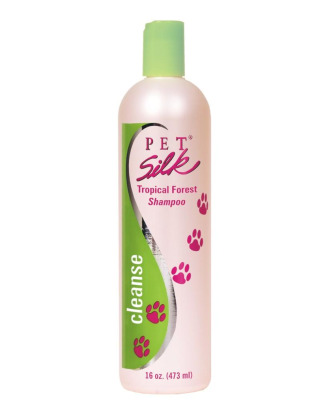 Pet Silk Tropical Forest 473ml - szampon dla psa i kota łagodzący podrażnienia i nawilżający skórę, o zapachu tropikalnych owoców, koncentrat 1:16