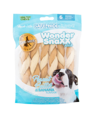 Wonder Snaxx Twists 6szt. - przysmak dla psa, gryzak z wołowej skóry, masło orzechowe i banany