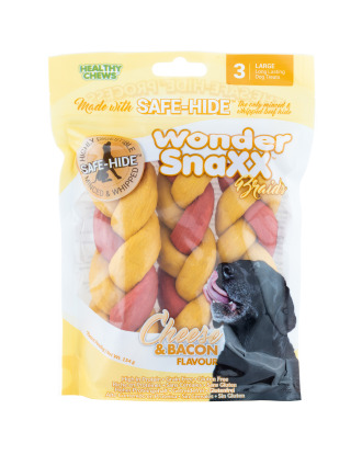 Wonder Snaxx Braids Large 3szt. - przysmak dla psa, gryzak z wołowej skóry, ser i bekon