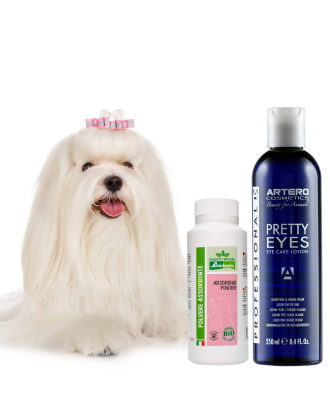 Artero Pretty Eyes 250ml + Baldecchi Absorbing Powder 90g - zestaw do walki z przebarwieniami, dla białych psów