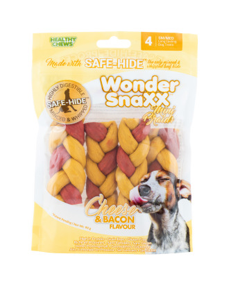 Wonder Snaxx Braids Medium 4szt. - przysmak dla psa, gryzak z wołowej skóry, ser i bekon