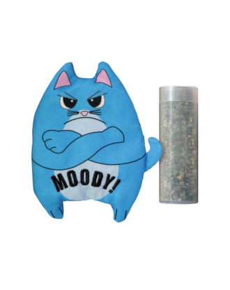 KONG Refillables Purrsonality Moody - szeleszcząca zabawka dla kota z kocimiętką, niebieski kot z zapasem kocimiętki