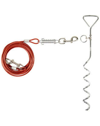 Flamingo Tie Out Stake Pilka 46cm - metalowy palik do uwiązania psa, ze stalową linką treningową 7,5m i amortyzatorem